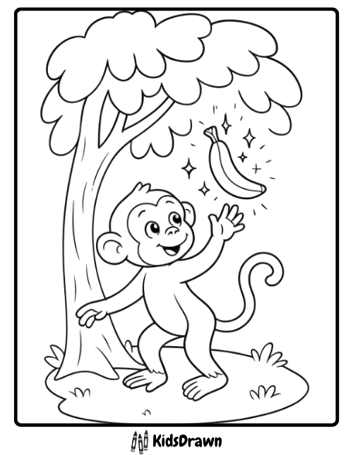 Curious cartoon monkey reaching for glowing banana under tree coloring page