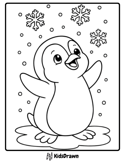 Cute Baby Penguin Snowflakes baby penguin playing under falling snowflakes, winter themed Penguin Coloring Pages