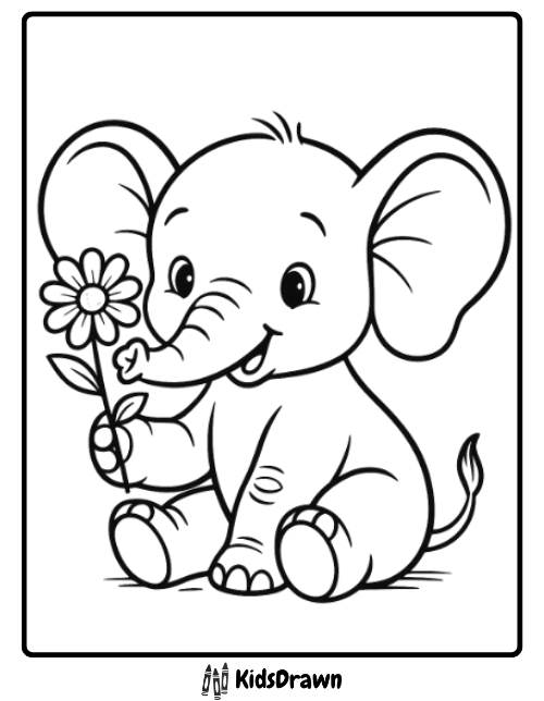 Adorable baby elephant holding a flower, featured in elephant coloring pages