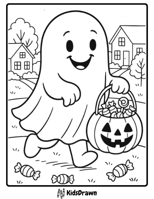 Adorable ghost coloring page with a happy ghost trick-or-treating through a neighborhood holding a pumpkin basket full of candy Halloween printable for children