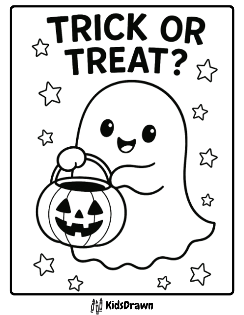 Trick or Treat ghost coloring page showing a cheerful ghost holding a jack-o-lantern candy bucket surrounded by stars perfect Halloween printable for kids