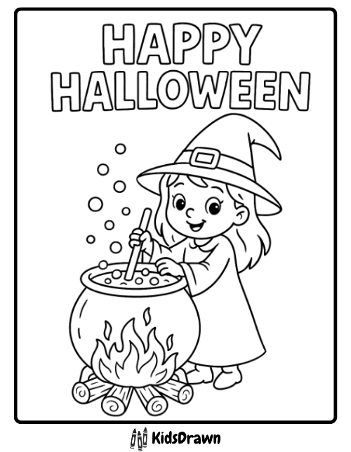Cute Halloween witch coloring page featuring a smiling little witch stirring a bubbling cauldron over fire with the text Happy Halloween — fun printable for kids
