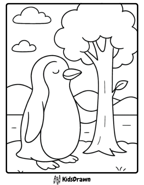 Cute Penguin By Tree calm penguin standing beside a tree in nature, relaxing Penguin Coloring Pages for children