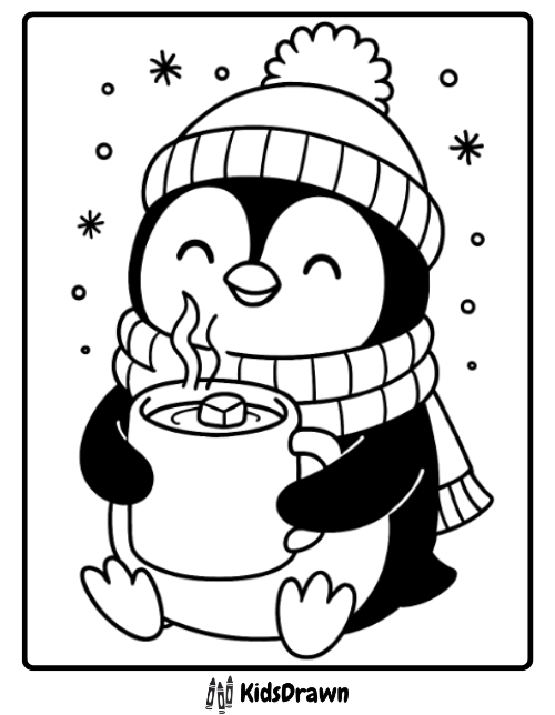 Cute Penguin Hot Chocolate cozy penguin holding a mug of hot cocoa in the snow, heartwarming winter Penguin Coloring Pages