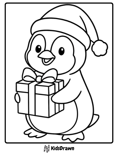 Cute Penguin Present adorable penguin wearing a Santa hat and holding a wrapped gift, perfect for festive Penguin Coloring Pages