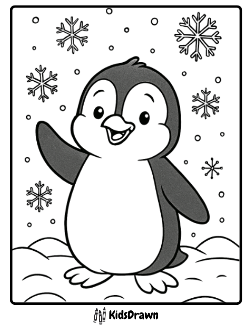 Cute Penguin Waving Snow cheerful penguin waving amidst falling snow, fun winter Penguin Coloring Pages