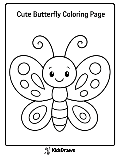 Cute butterfly coloring page with a simple, smiling cartoon butterfly and large, spotted wings for kids