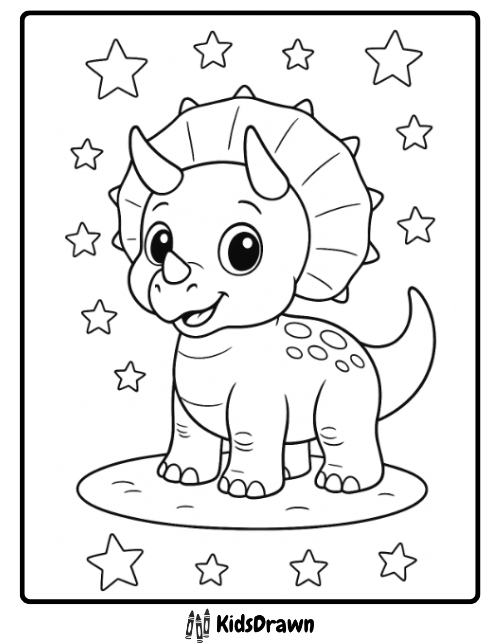Free printable Triceratops coloring page with smiling baby dinosaur surrounded by stars. Fun and easy dino activity sheet for kids to enjoy