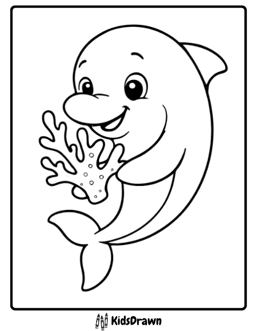Smiling cute cartoon dolphin holding a coral piece — simple and adorable ocean coloring sheet for children by KidsDrawn