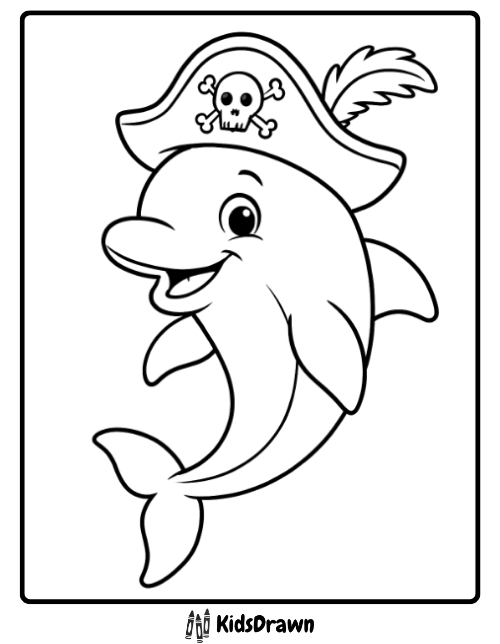 Playful dolphin wearing a pirate hat with skull and feather — fun ocean adventure coloring page for kids by KidsDrawn