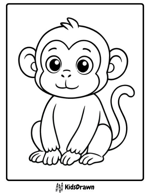 Cute baby cartoon monkey sitting calmly coloring page for toddlers