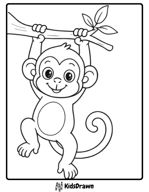 An adorable monkey coloring page with a simple design of a monkey hanging from a tree branch, perfect for toddlers