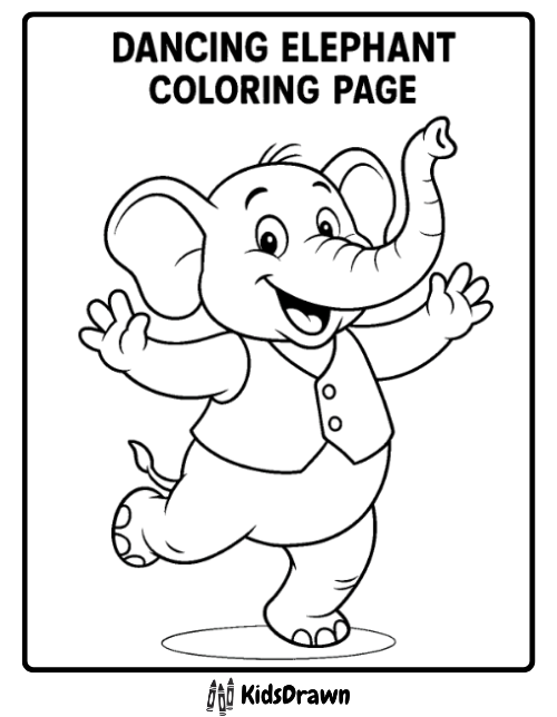 Happy dancing elephant in a vest, perfect for elephant coloring pages