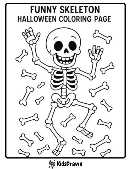 Funny dancing skeleton surrounded by bones coloring page