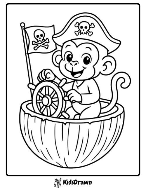 A fun monkey coloring page for kids showing a daring pirate monkey at the helm of a coconut ship