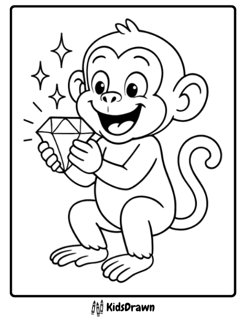 A delightful monkey coloring page featuring a cute monkey holding a sparkling gem, ready to be colored