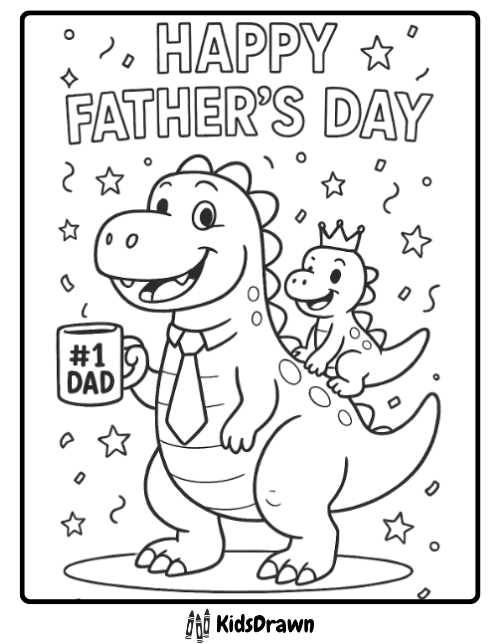 Happy Father’s Day dinosaur coloring page with dad dino holding #1 dad mug and baby dinosaur riding on his back. Fun free printable for kids