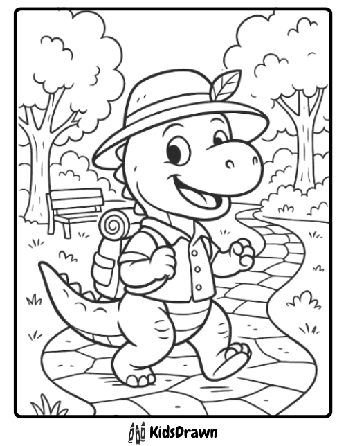 Cute explorer dinosaur with hat and backpack walking in park