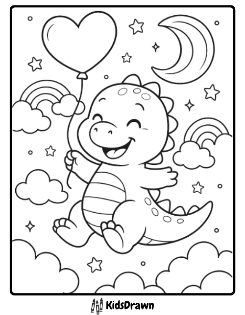 Smiling baby dinosaur flying with heart balloon among clouds