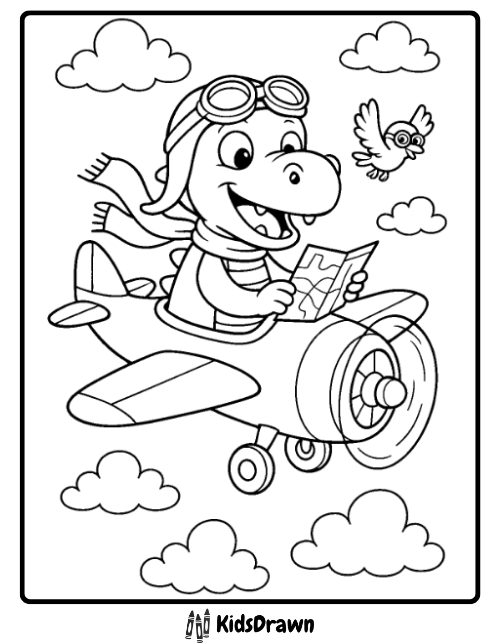 Cartoon dinosaur pilot flying airplane with scarf and map