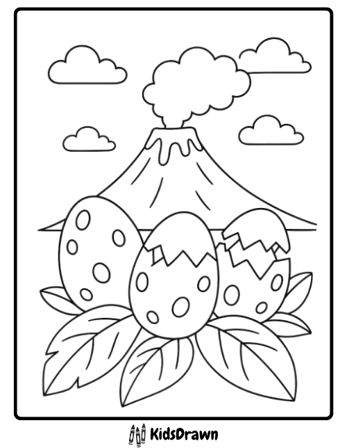 Dinosaur eggs hatching near volcano with smoke and clouds