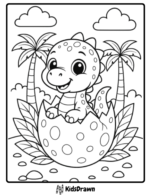 Smiling baby dinosaur hatching from egg with palm trees