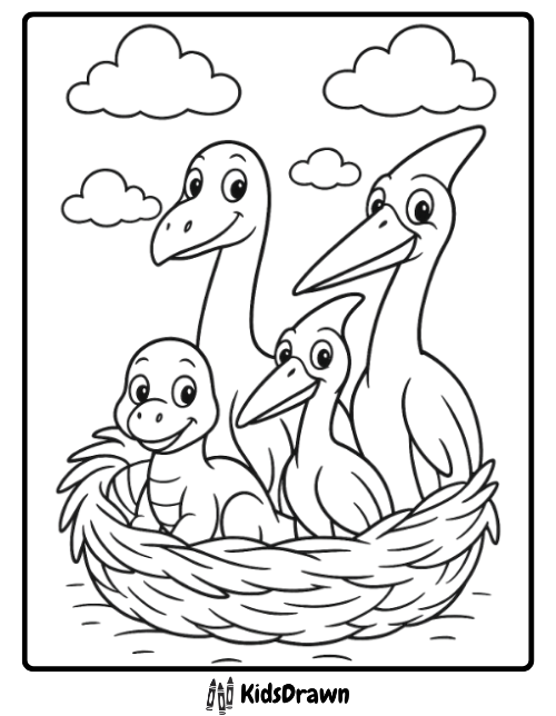 Happy dinosaur family with baby sitting together in nest