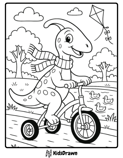 Smiling dinosaur riding tricycle with scarf by pond and ducks