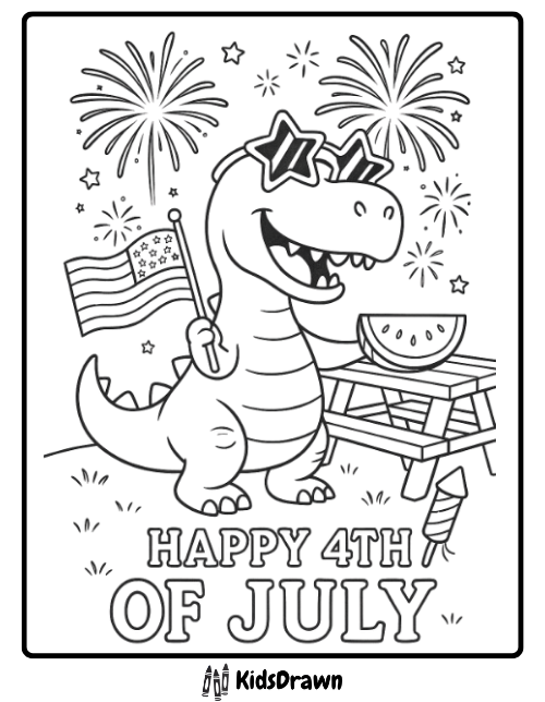 Dinosaur celebrating 4th of July with flag, fireworks and picnic