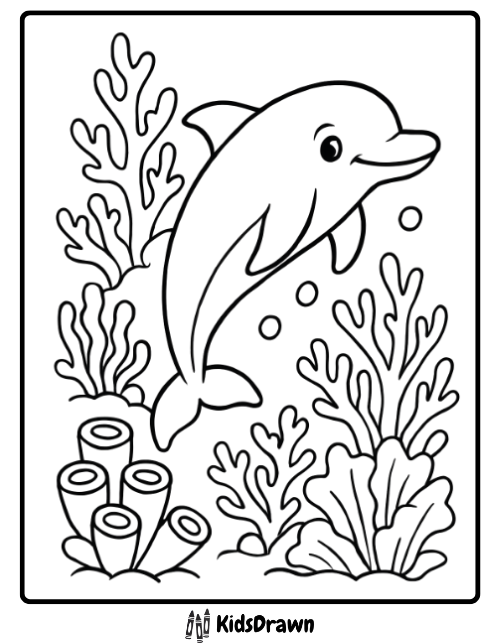 Adorable dolphin swimming among colorful coral reefs — ocean life coloring sheet for children by KidsDrawn