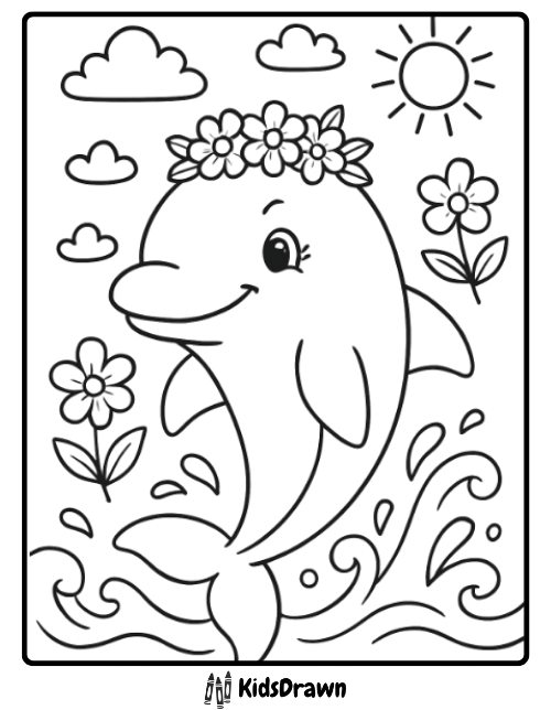 Smiling dolphin wearing a flower crown splashing in the waves cheerful sea creature coloring page for kids