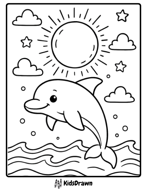 Cute dolphin jumping under a bright sun with clouds and stars fun ocean-themed kids coloring page by KidsDrawn