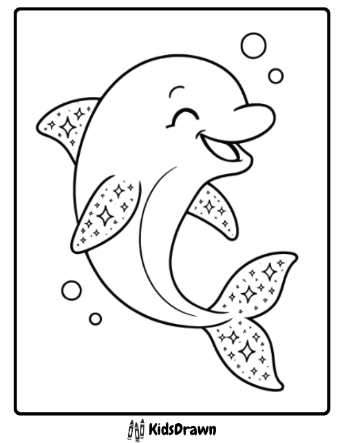 Smiling cartoon dolphin with sparkling fins and bubbles cute printable sea animal coloring page