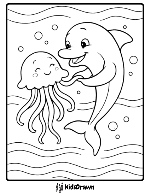 Happy dolphin playing with a jellyfish underwater — adorable ocean friends coloring sheet for children