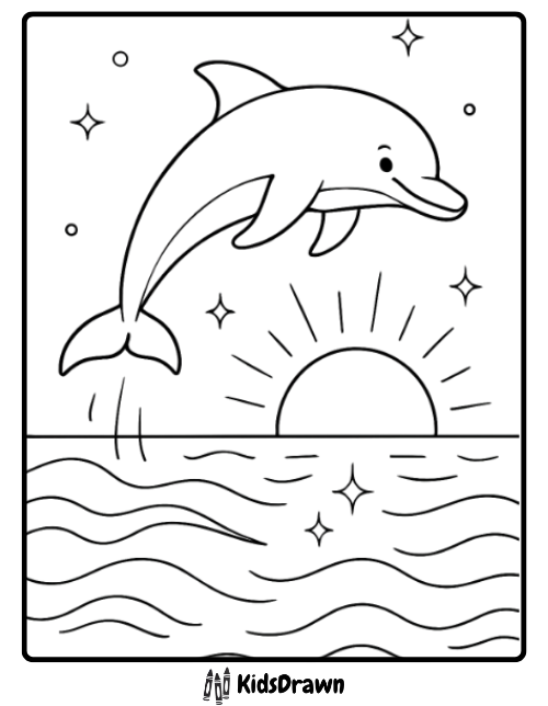 Graceful dolphin jumping over ocean waves at sunrise — beautiful dolphin horizon coloring page for kids