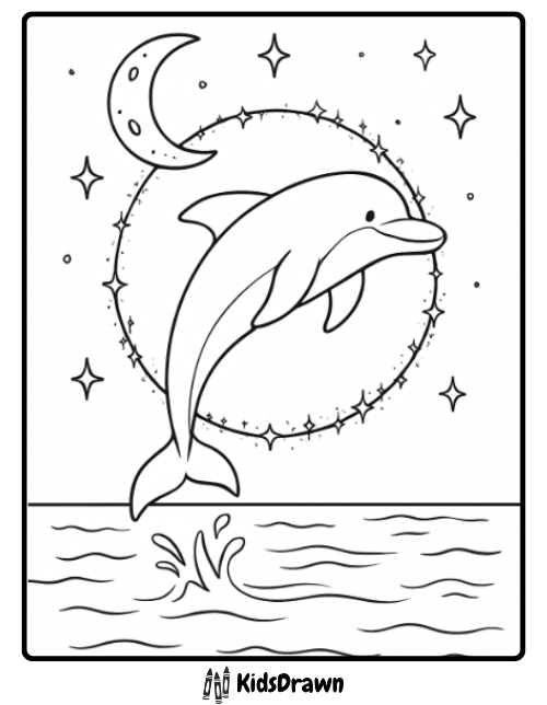 Graceful dolphin jumping through a glowing moonlight hoop above the ocean waves and stars magical nighttime dolphin coloring sheet for kids