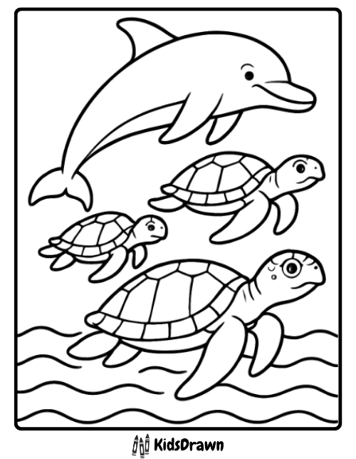 Playful dolphin racing alongside sea turtles in ocean waves — adorable kids coloring page with marine animals