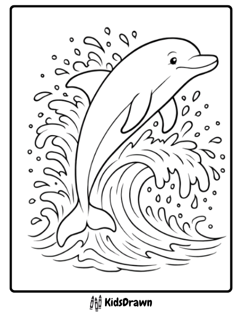 Energetic dolphin jumping out of water with realistic wave splashes printable marine animal coloring page for kids