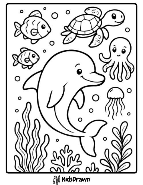 Cute cartoon dolphin swimming underwater with fish, turtle, octopus, and coral reef fun ocean coloring page for kids