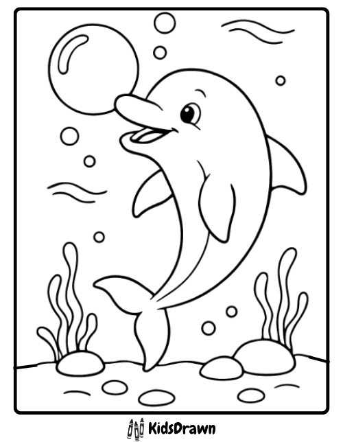 Outline drawing of a happy dolphin playing with a shiny bubble underwater with seaweed and rocks, a fun coloring page for kids