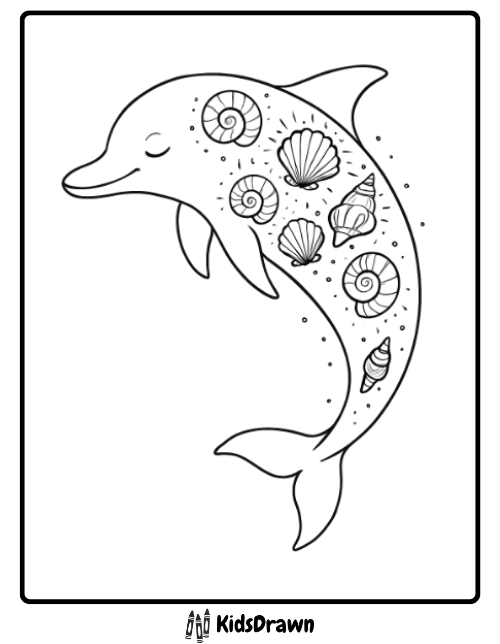 Unique coloring page featuring a dolphin with decorative spiral and scallop seashells and sparkles embedded inside its body outline