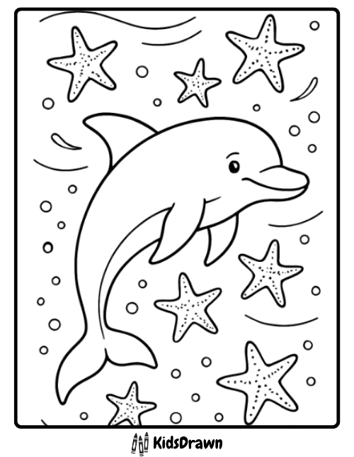 Outline drawing of a cute dolphin swimming with bubbles and six large, detailed starfish, a fun marine life coloring page