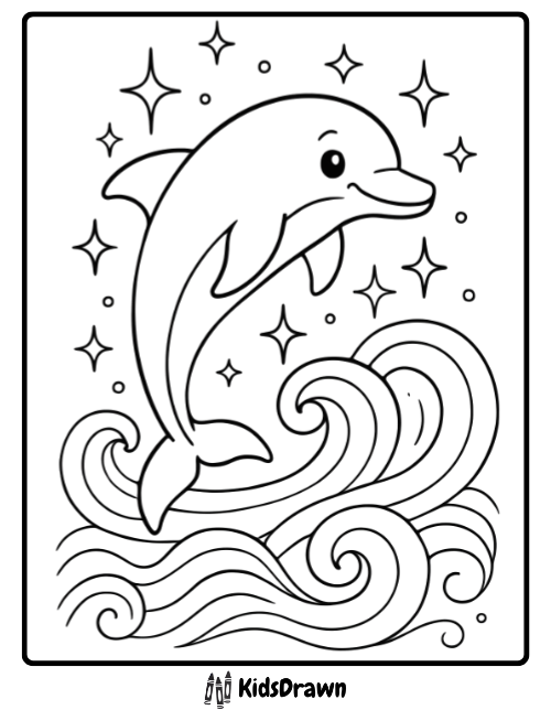 Happy dolphin jumping out of big, stylized waves with sparkling stars and bubbles in the background, perfect for a kids' coloring sheet