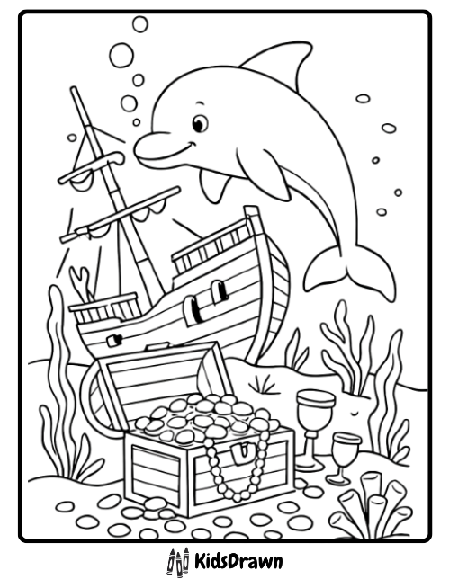 Adventure coloring page showing a happy dolphin swimming over a sunken pirate ship and an open treasure chest overflowing with gold coins and pearls