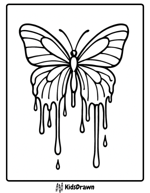 Coloring page of a stylish butterfly with intricate wings and a unique paint or liquid dripping effect