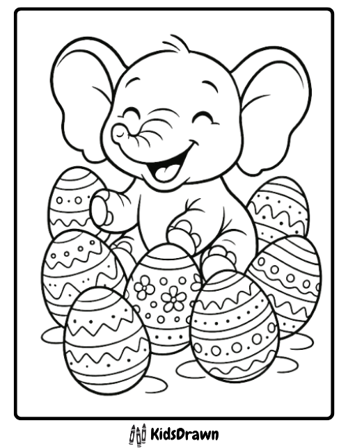 Cheerful baby elephant with Easter eggs, festive scene for elephant coloring pages