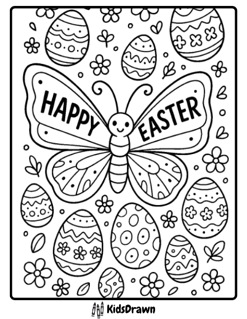 Happy Easter coloring page featuring a butterfly surrounded by decorative Easter eggs and small spring flowers