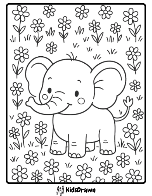 Cute elephant surrounded by flowers, great for elephant coloring pages
