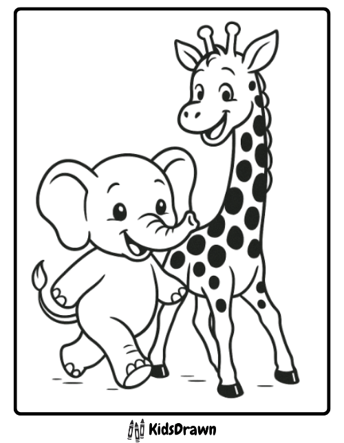 Baby elephant walking with a giraffe, adorable animal duo in elephant coloring pages