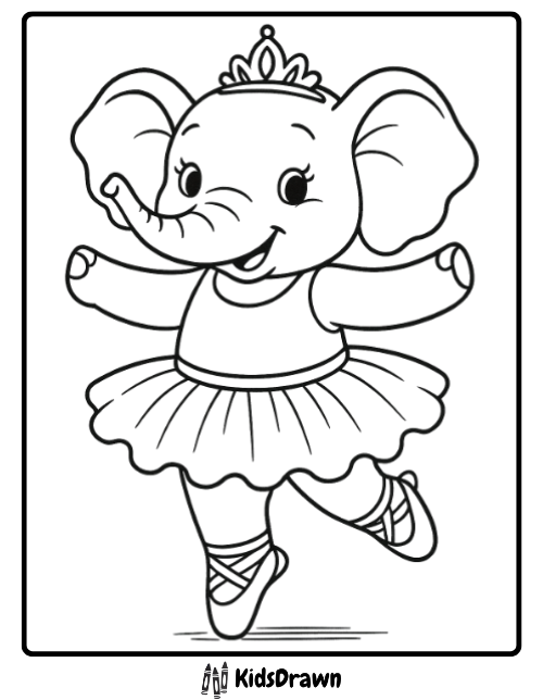 Joyful ballerina elephant wearing a tiara and tutu, ideal for elephant coloring pages